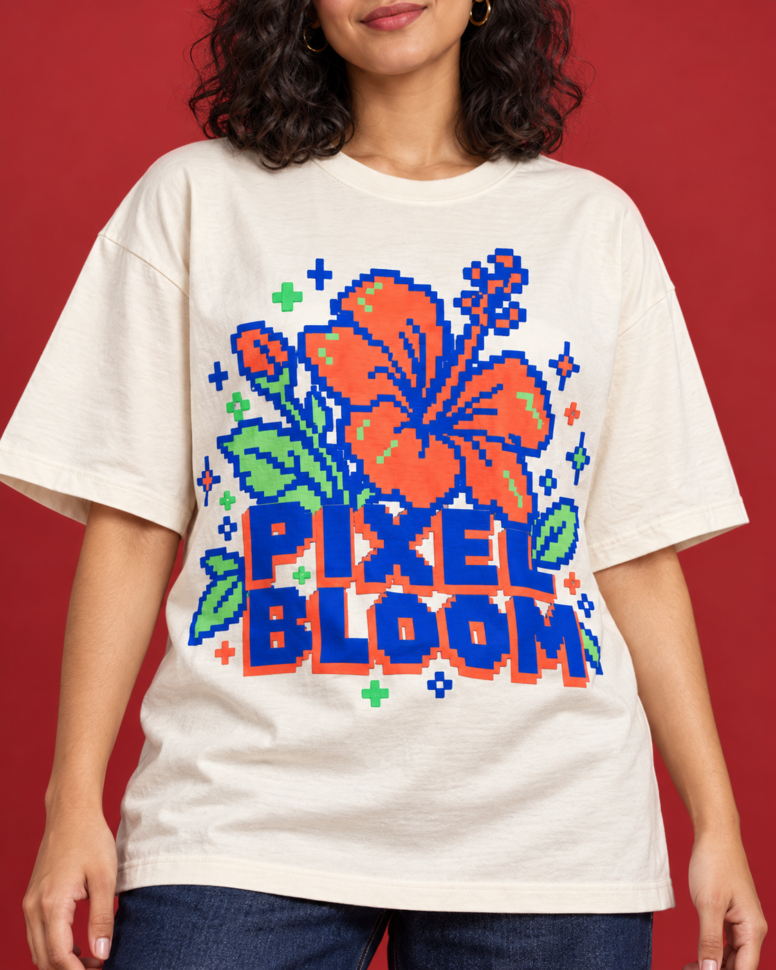 PIXEL BLOOM women's off-white oversized tee print close-up