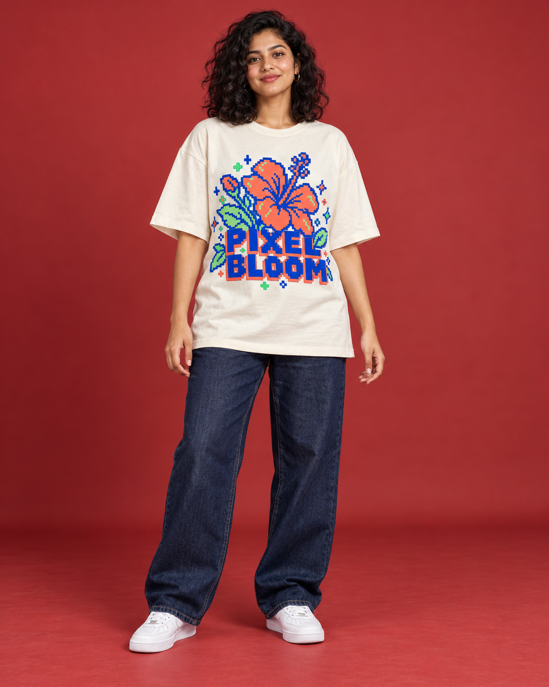 PIXEL BLOOM women's off-white oversized tee front