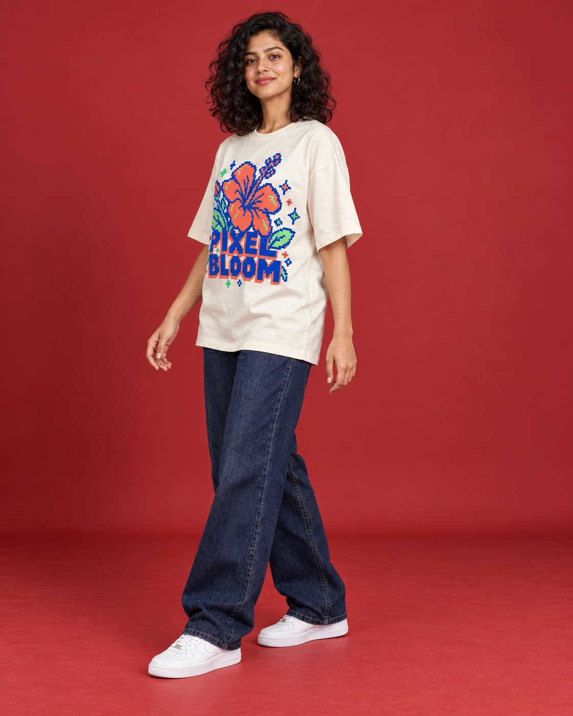 PIXEL BLOOM women's off-white oversized tee three-quarter side