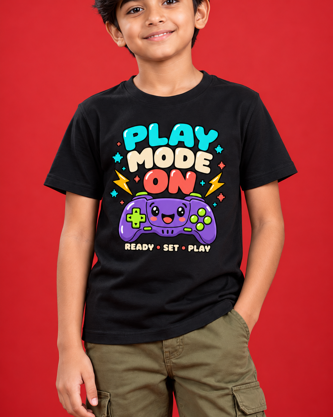 Play Mode On black kids tee closeup