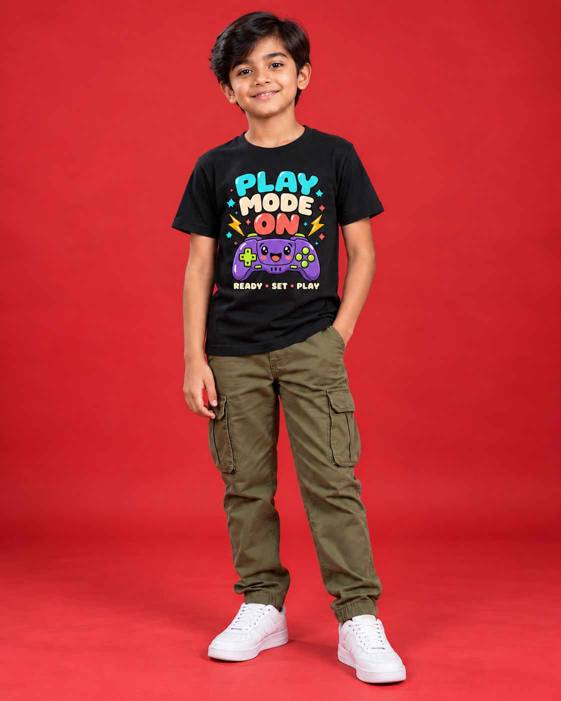 Play Mode On black kids tee front
