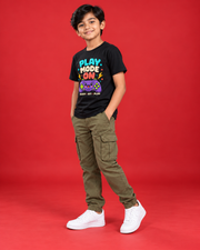 Play Mode On black kids tee side