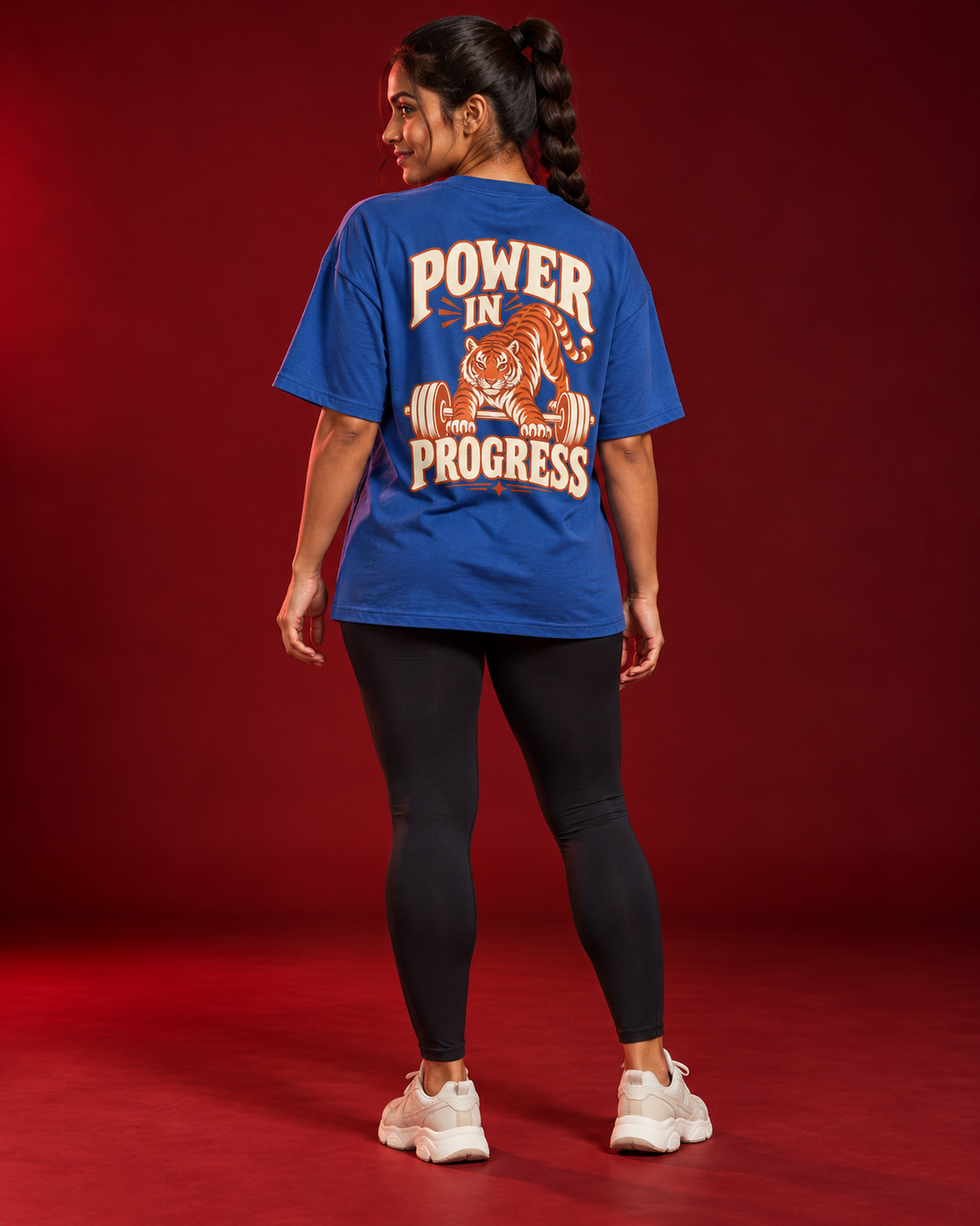 POWER IN PROGRESS orange tiger back print blue women's tee