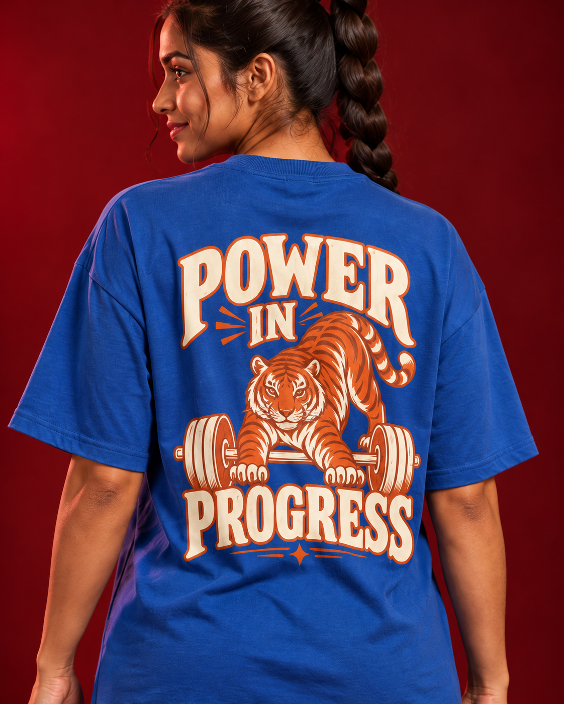 POWER IN PROGRESS women's tee Tiger print close-up