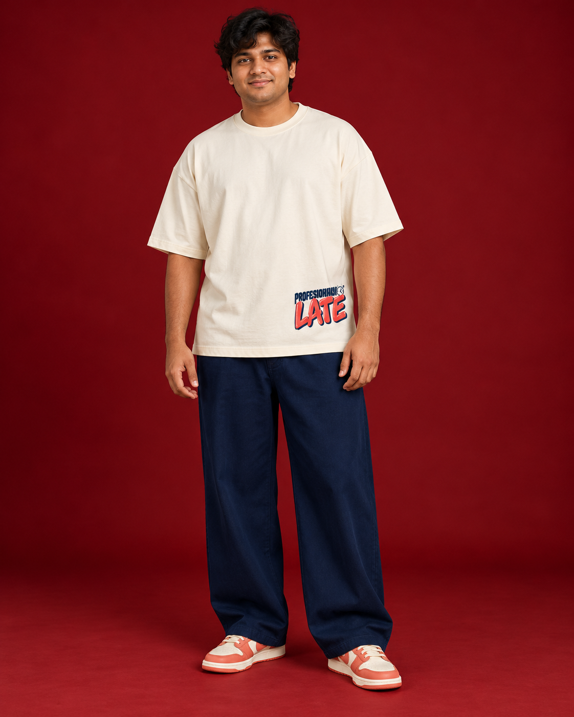 PROFESSIONALLY LATE offwhite tee lower left navy coral typography