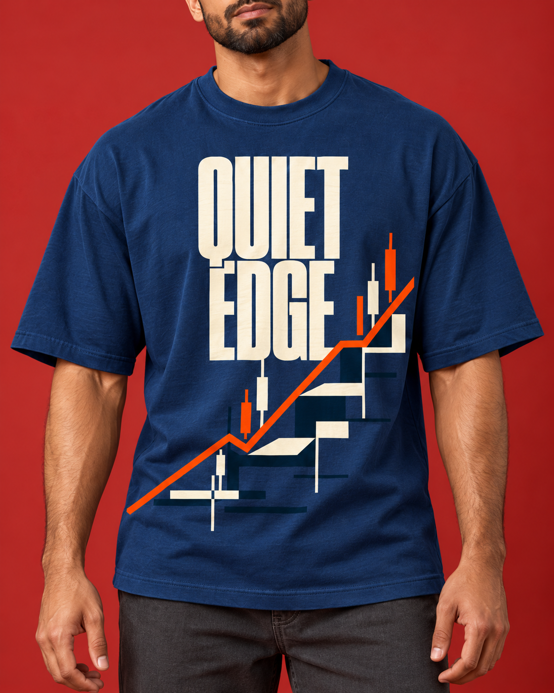 QUIET EDGE men's blue oversized tee print close-up