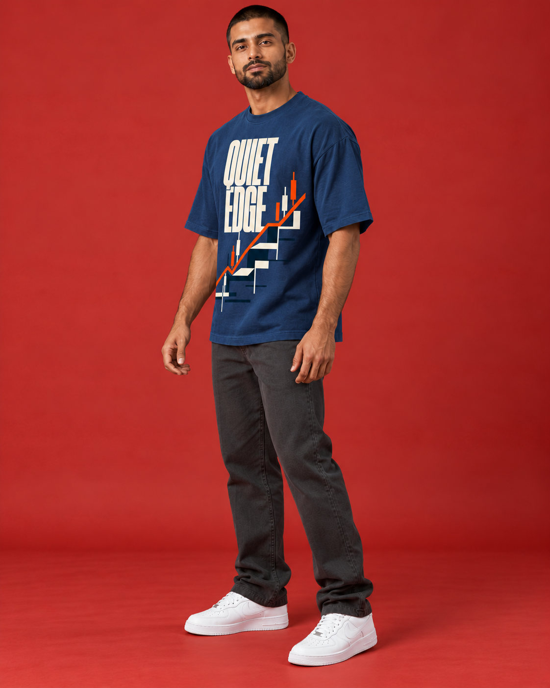 QUIET EDGE men's blue oversized tee three-quarter side