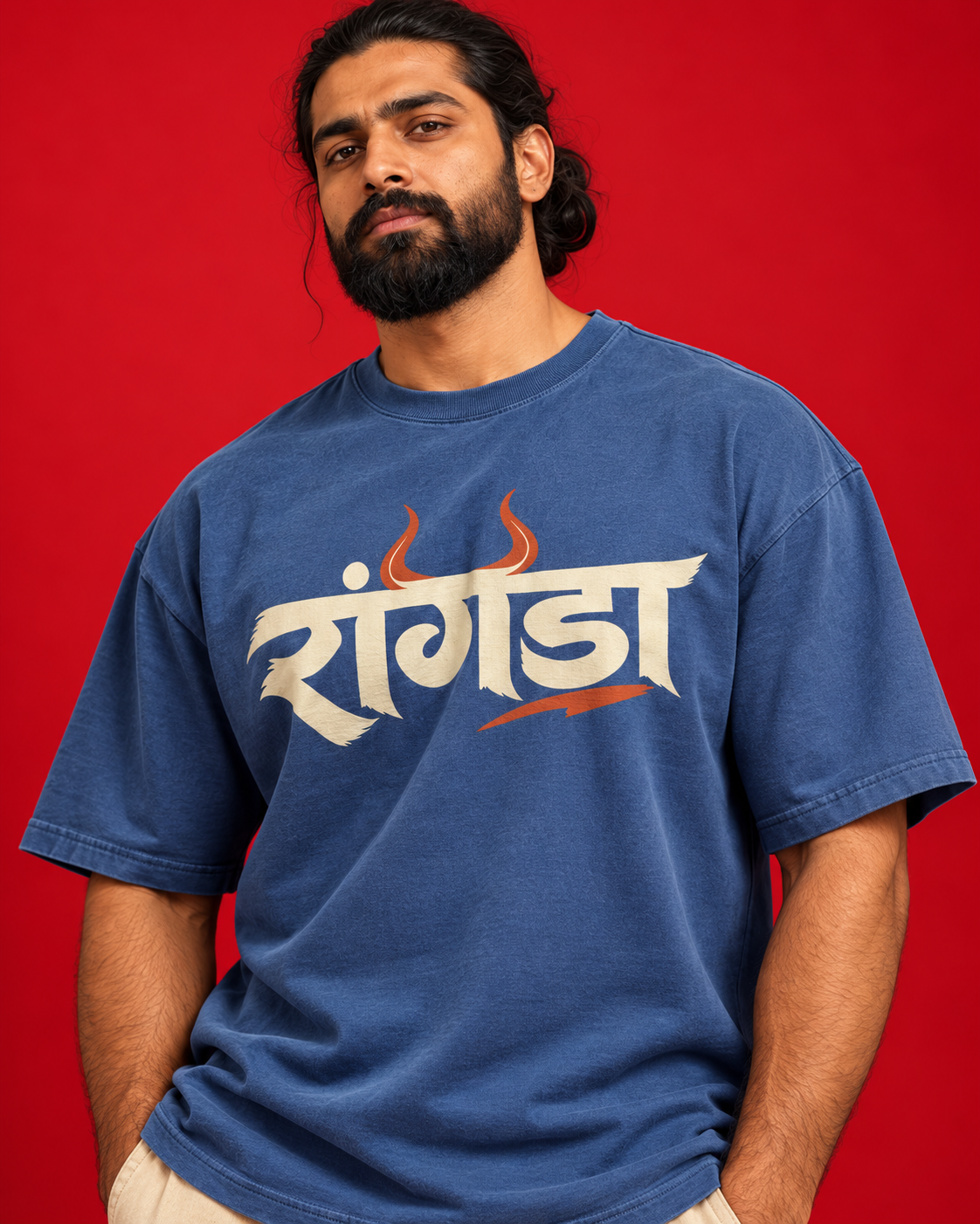 RANGDA blue oversized tee close-up ivory Marathi print rust horns following cotton chest folds