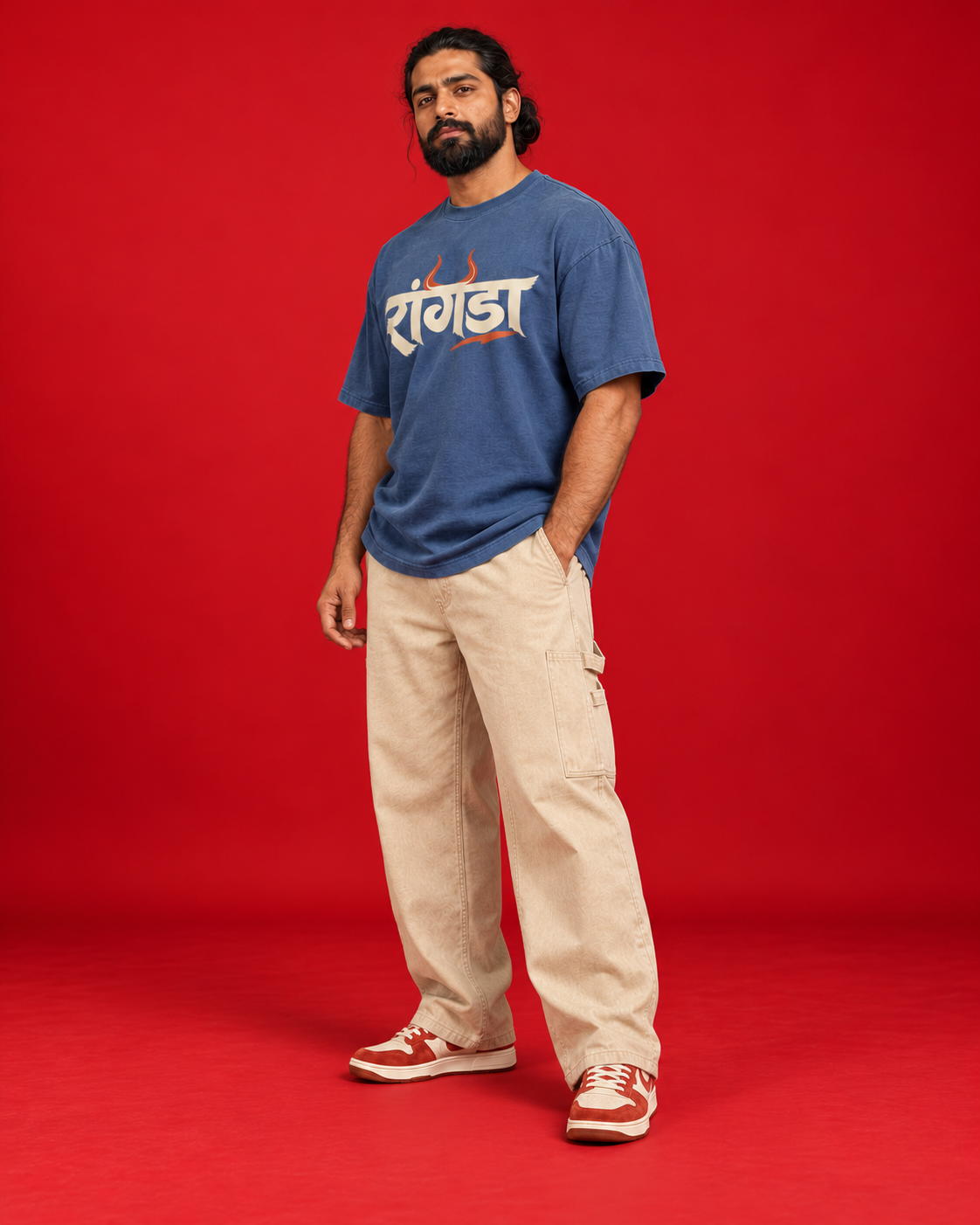 RANGDA blue oversized T-shirt front three-quarter view naturally curved Marathi chest print