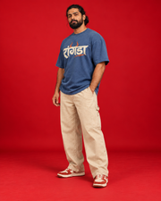 RANGDA blue oversized T-shirt front three-quarter view naturally curved Marathi chest print