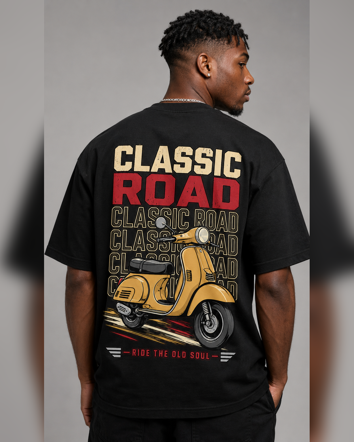 Retro Garage Classic Road black oversized t-shirt back design close-up