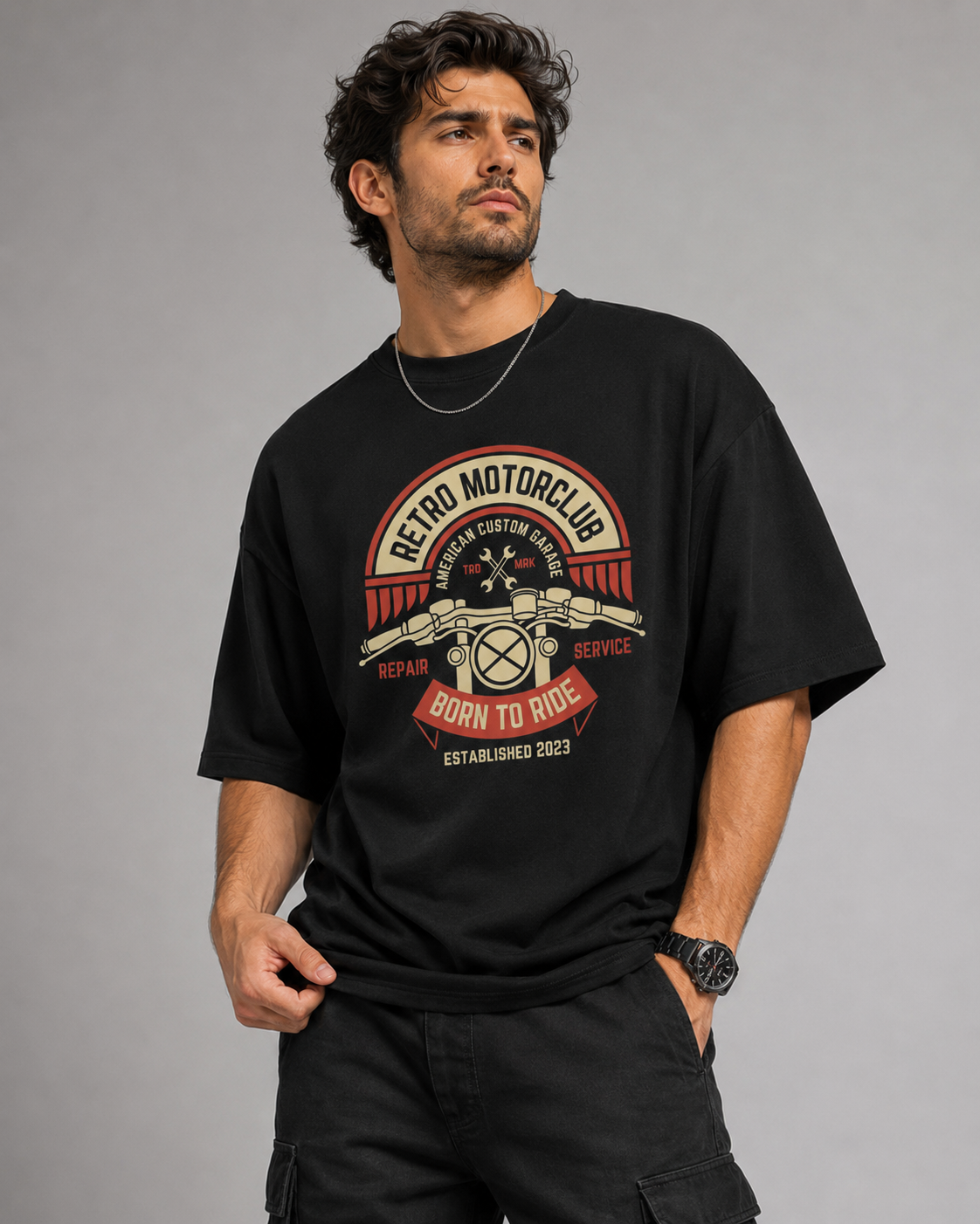 Retro Motorclub black oversized T-shirt print close up