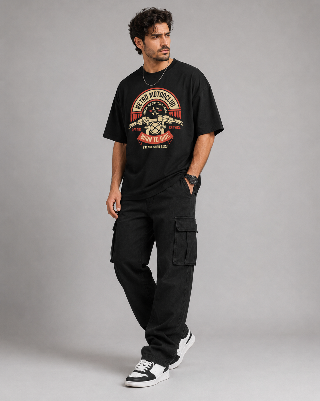 Retro Motorclub black oversized T-shirt three quarter view