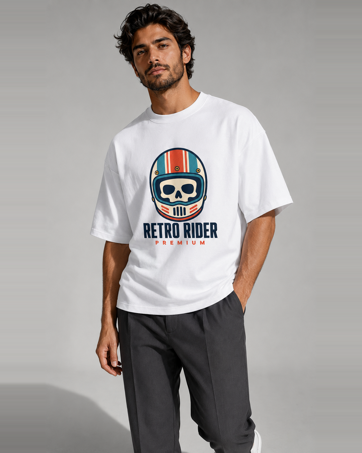 Retro Rider Premium white oversized T-shirt close-up