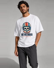 Retro Rider Premium white oversized T-shirt close-up