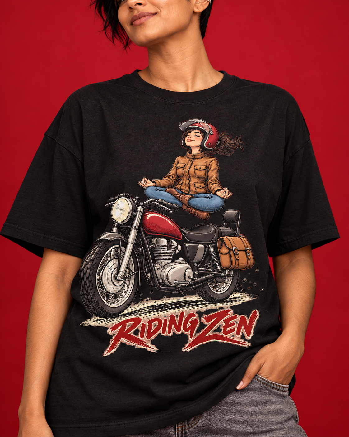 Riding Zen female meditating motorcyclist illustration close-up on women's black cotton tee