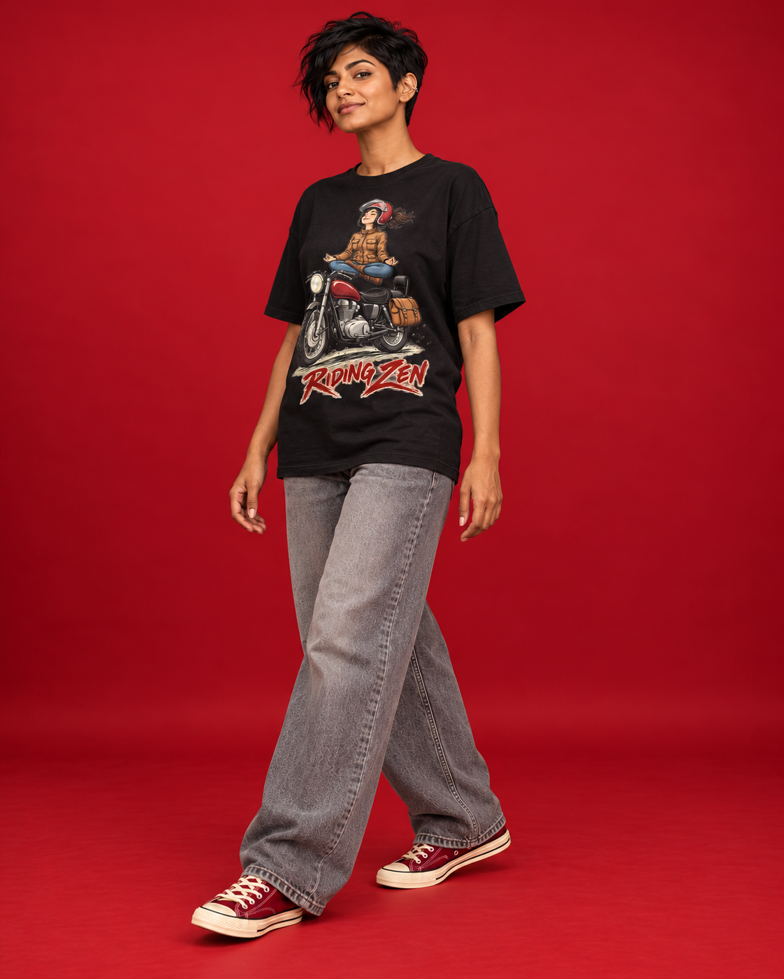 Riding Zen women's black tee three-quarter side view female biker front print