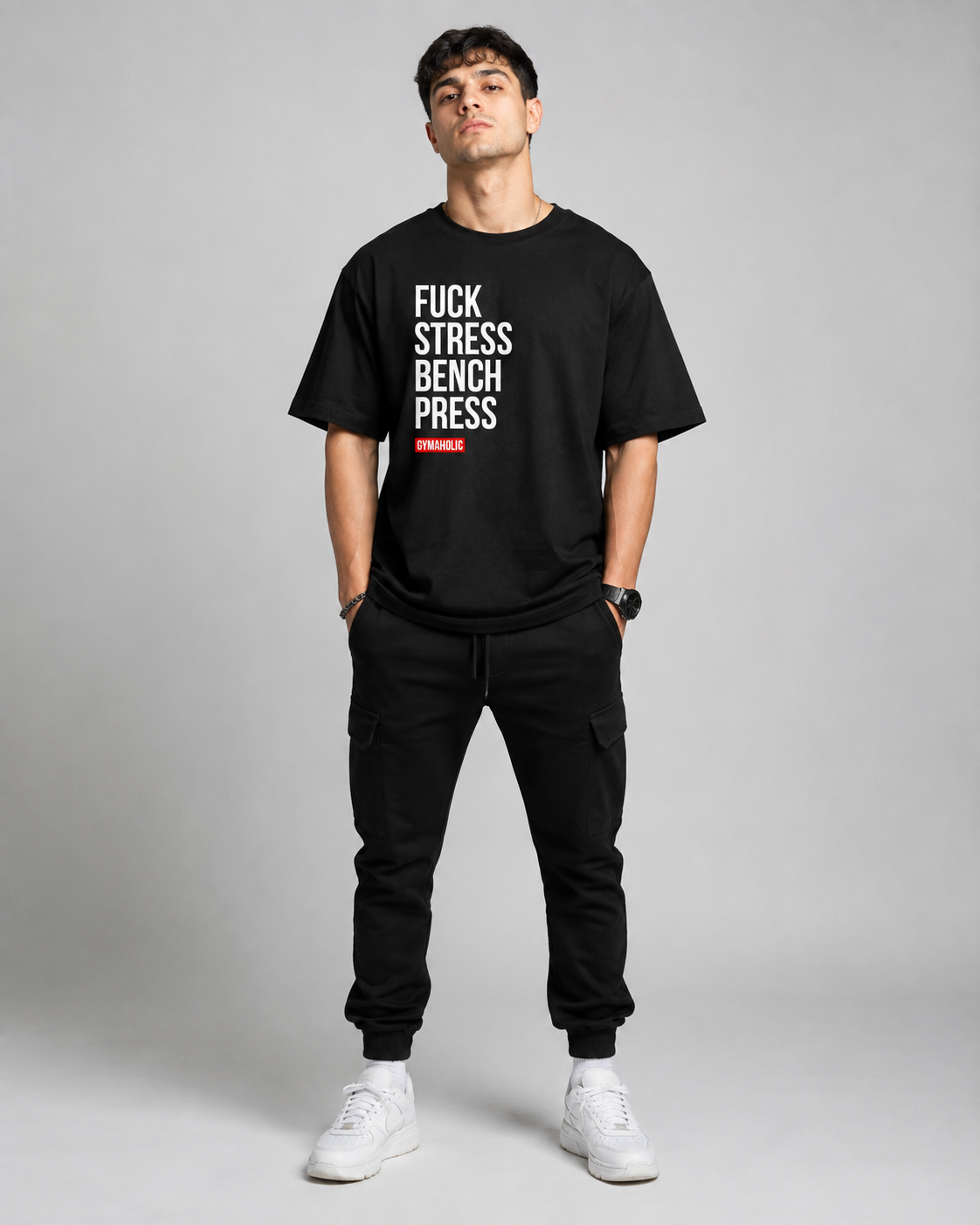 FUCK STRESS BENCH PRESS  OVERSIZED T-SHIRT- BLACK