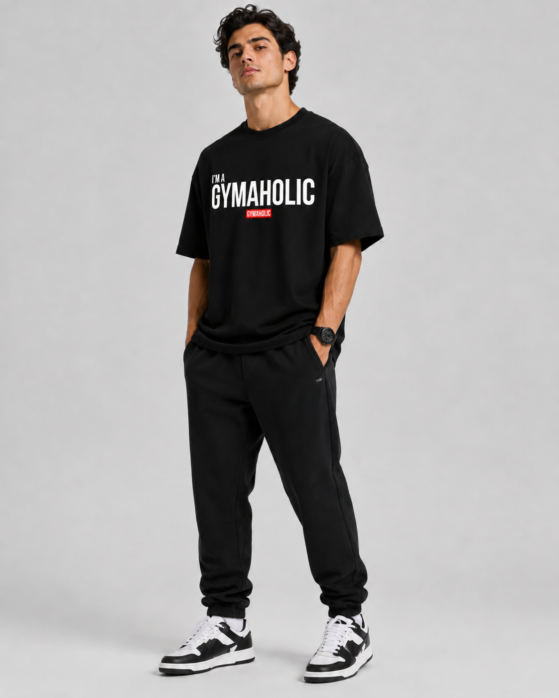 GYMAHOLIC OVERSIZED T-SHIRT- BLACK - premium oversized graphic T-shirt product image 3