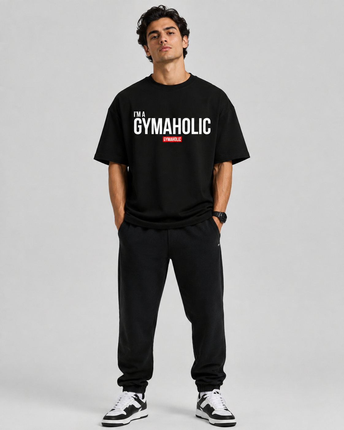 GYMAHOLIC OVERSIZED T-SHIRT- BLACK - premium oversized graphic T-shirt product image 2