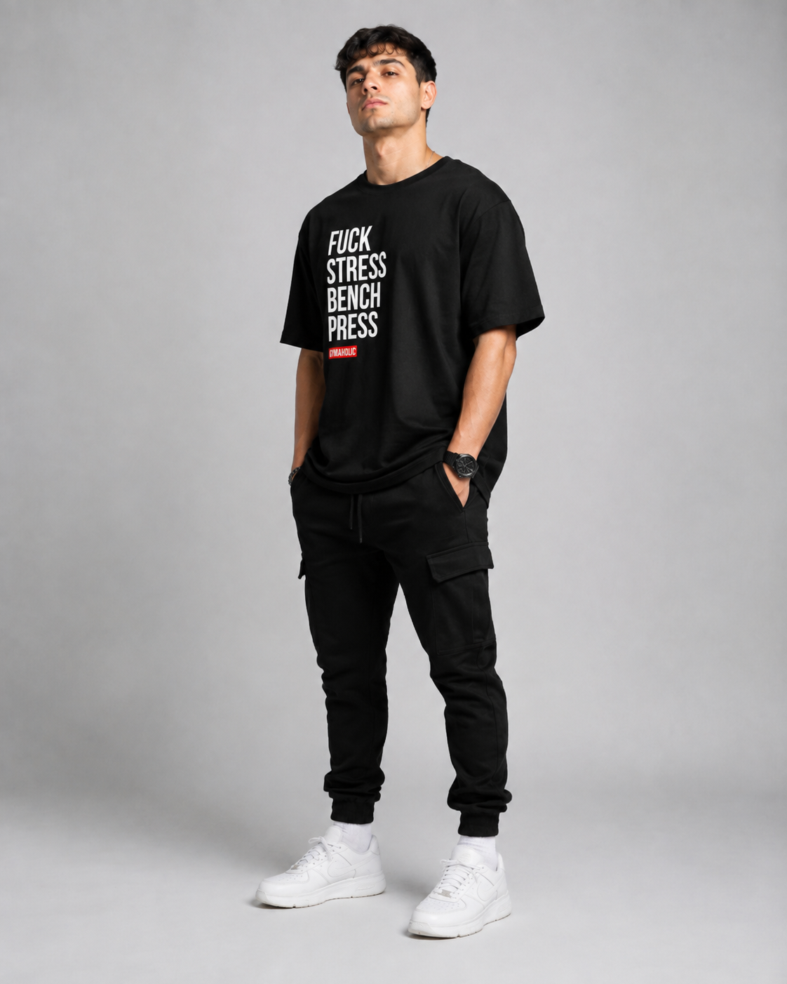 FUCK STRESS BENCH PRESS  OVERSIZED T-SHIRT- BLACK