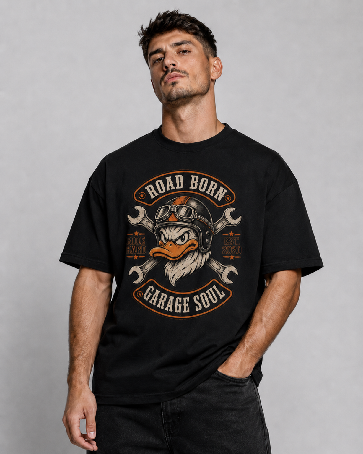 Road Born Garage Soul black oversized t-shirt design close-up