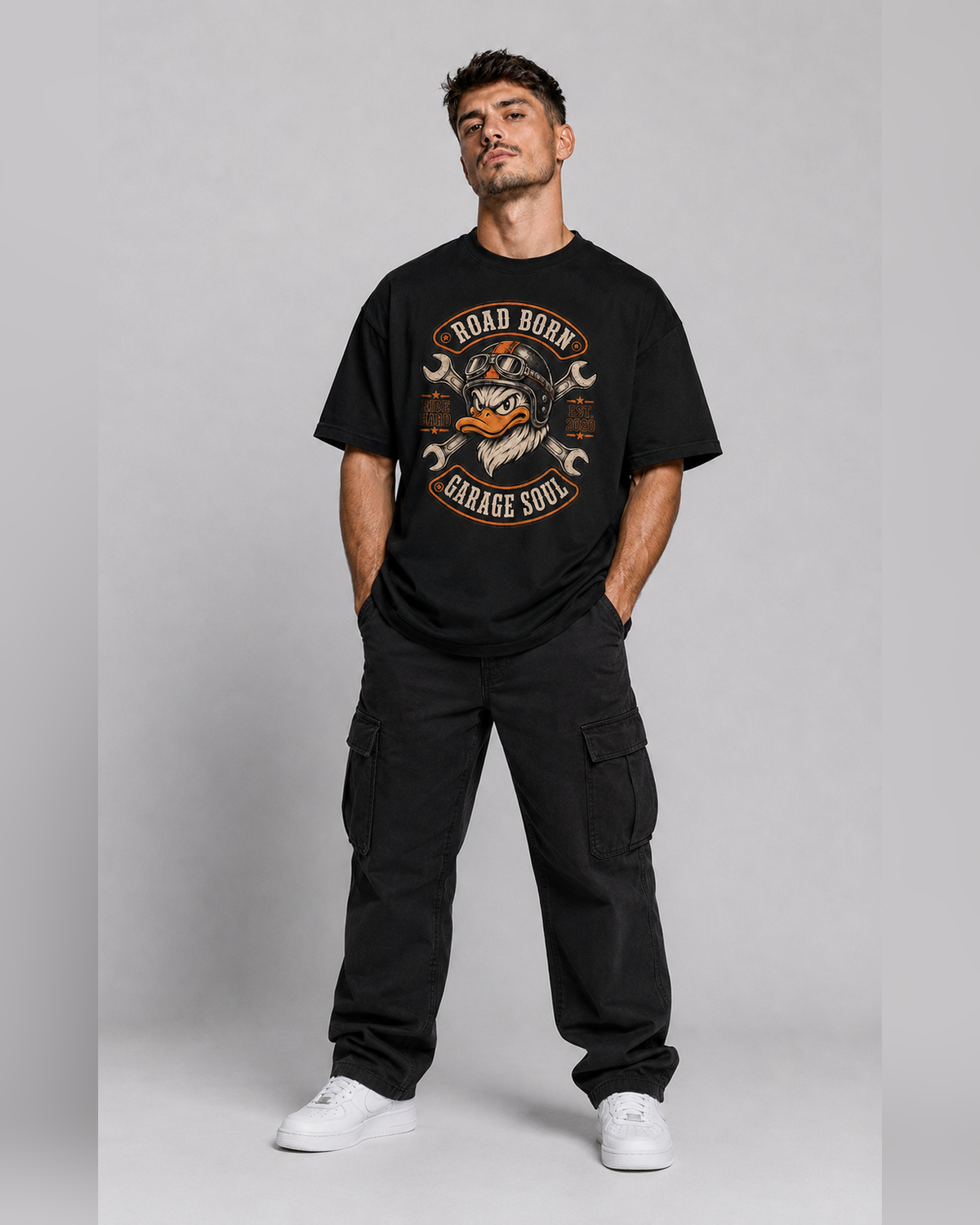 Road Born Garage Soul black oversized t-shirt full front