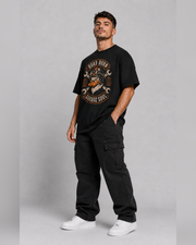 Road Born Garage Soul black oversized t-shirt three-quarter model view