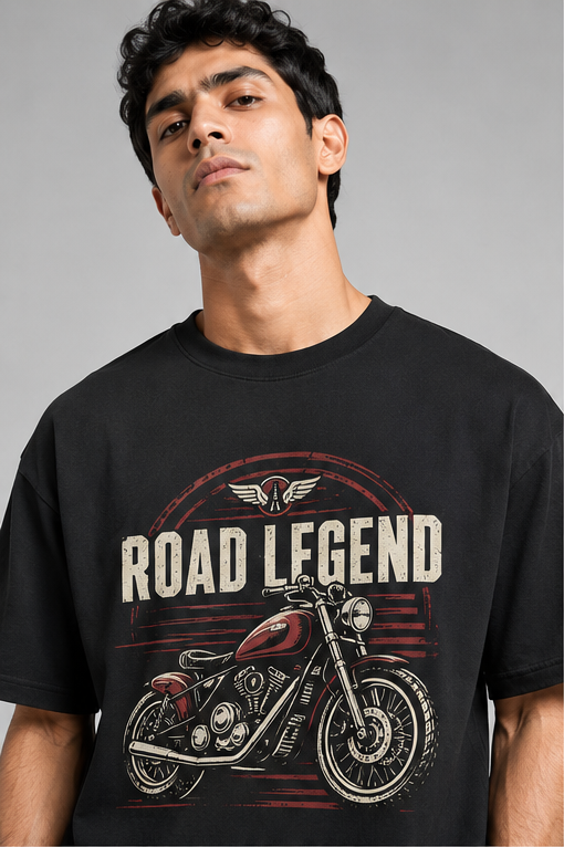 Road Legend oversized black T-shirt design close-up