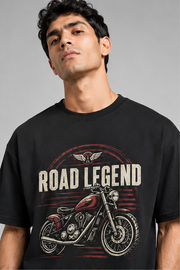 Road Legend oversized black T-shirt design close-up