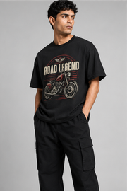 Road Legend oversized black T-shirt three-quarter pose