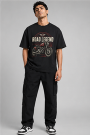 Road Legend oversized black T-shirt relaxed front pose