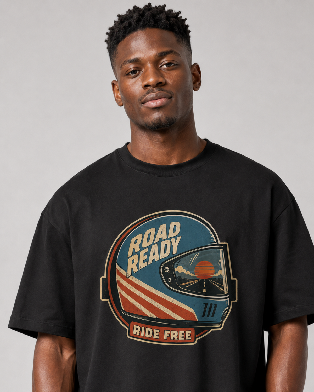 Road Ready Ride Free black oversized t-shirt front design close-up
