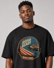 Road Ready Ride Free black oversized t-shirt front design close-up