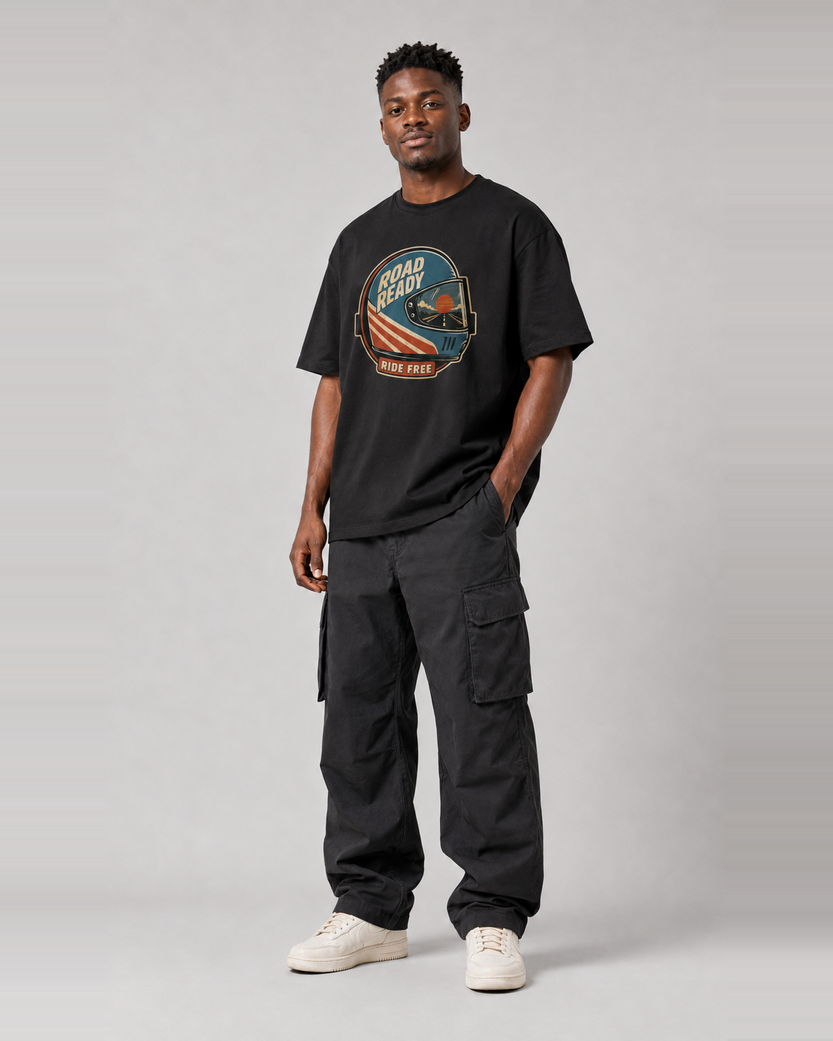 Road Ready Ride Free black oversized t-shirt three-quarter model view