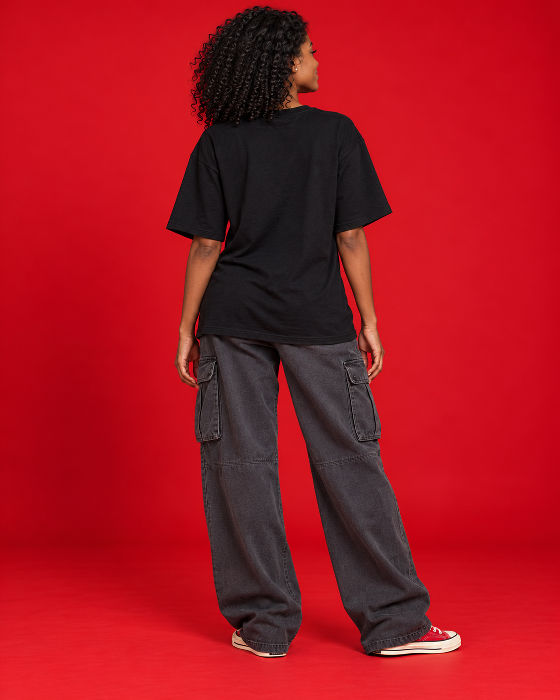 Roll With It women's black oversized T-shirt plain back view