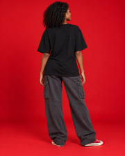 Roll With It women's black oversized T-shirt plain back view