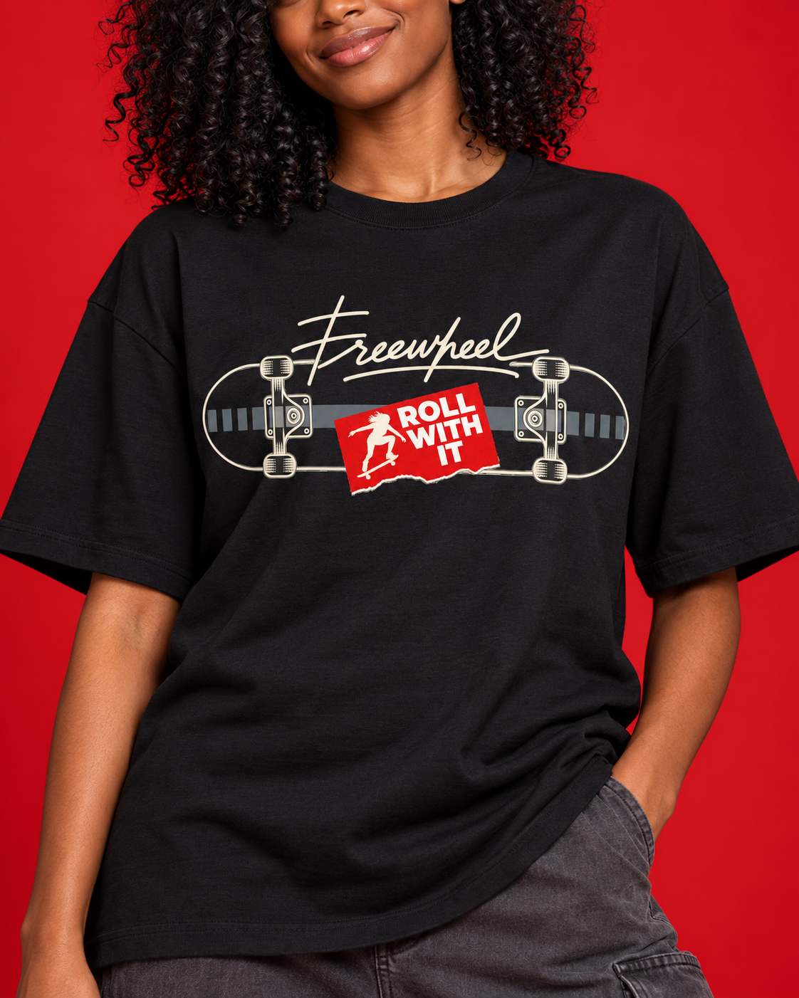 Freewheel Roll With It skateboard ivory line art red note close-up on women's black cotton tee