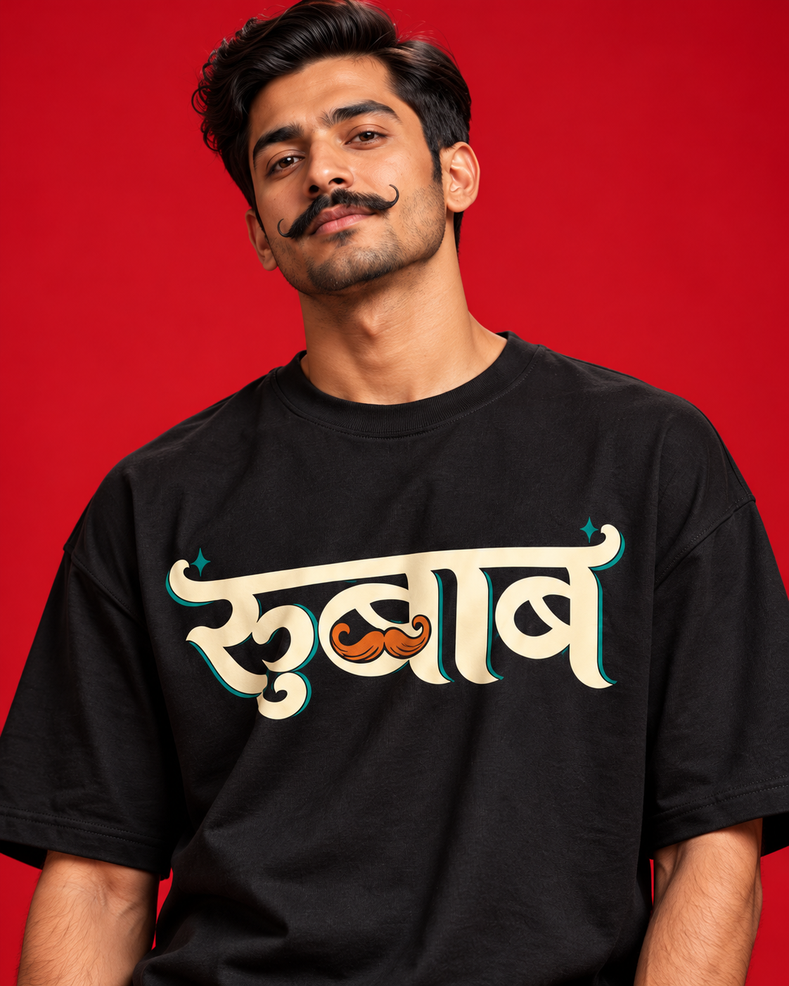 Rubab black oversized Marathi typography T-shirt close