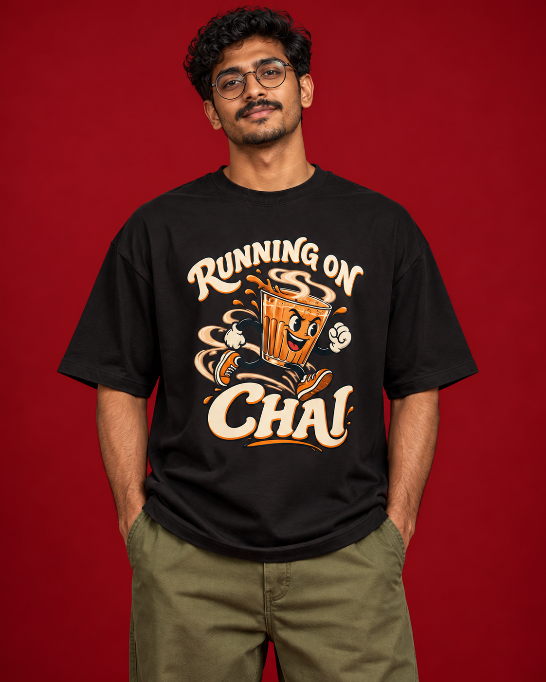 RUNNING ON CHAI illustrated black tee Close view
