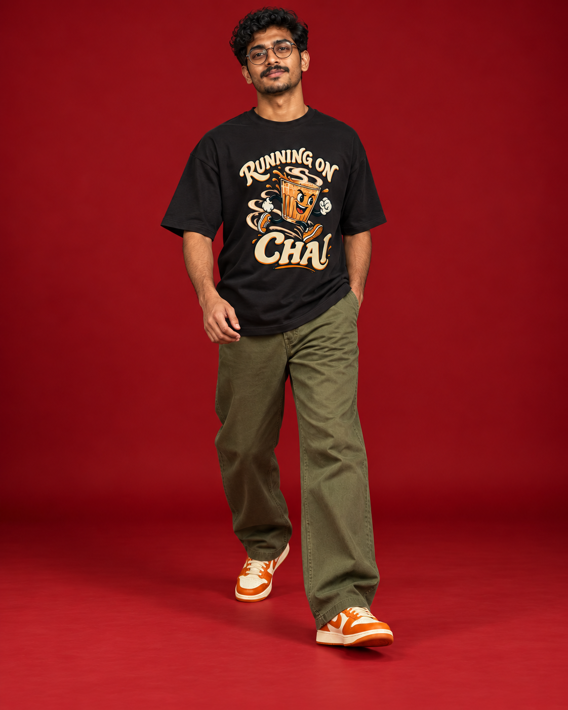 RUNNING ON CHAI illustrated black tee Side view