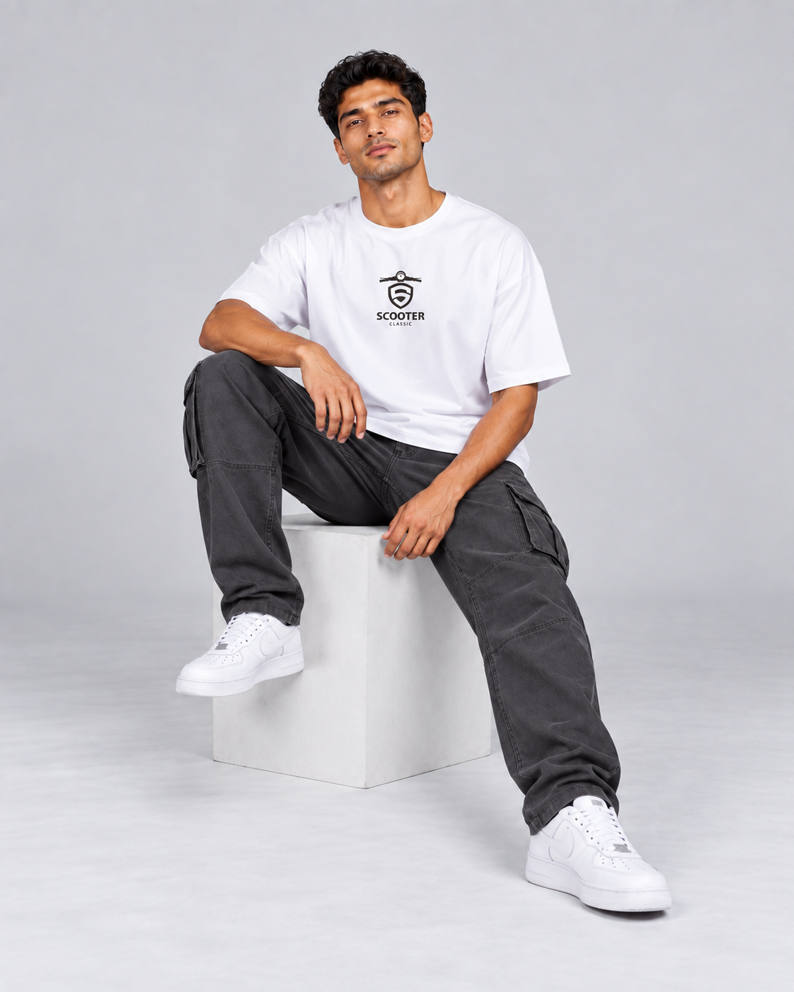 Scooter Classic white oversized T-shirt front seated pose