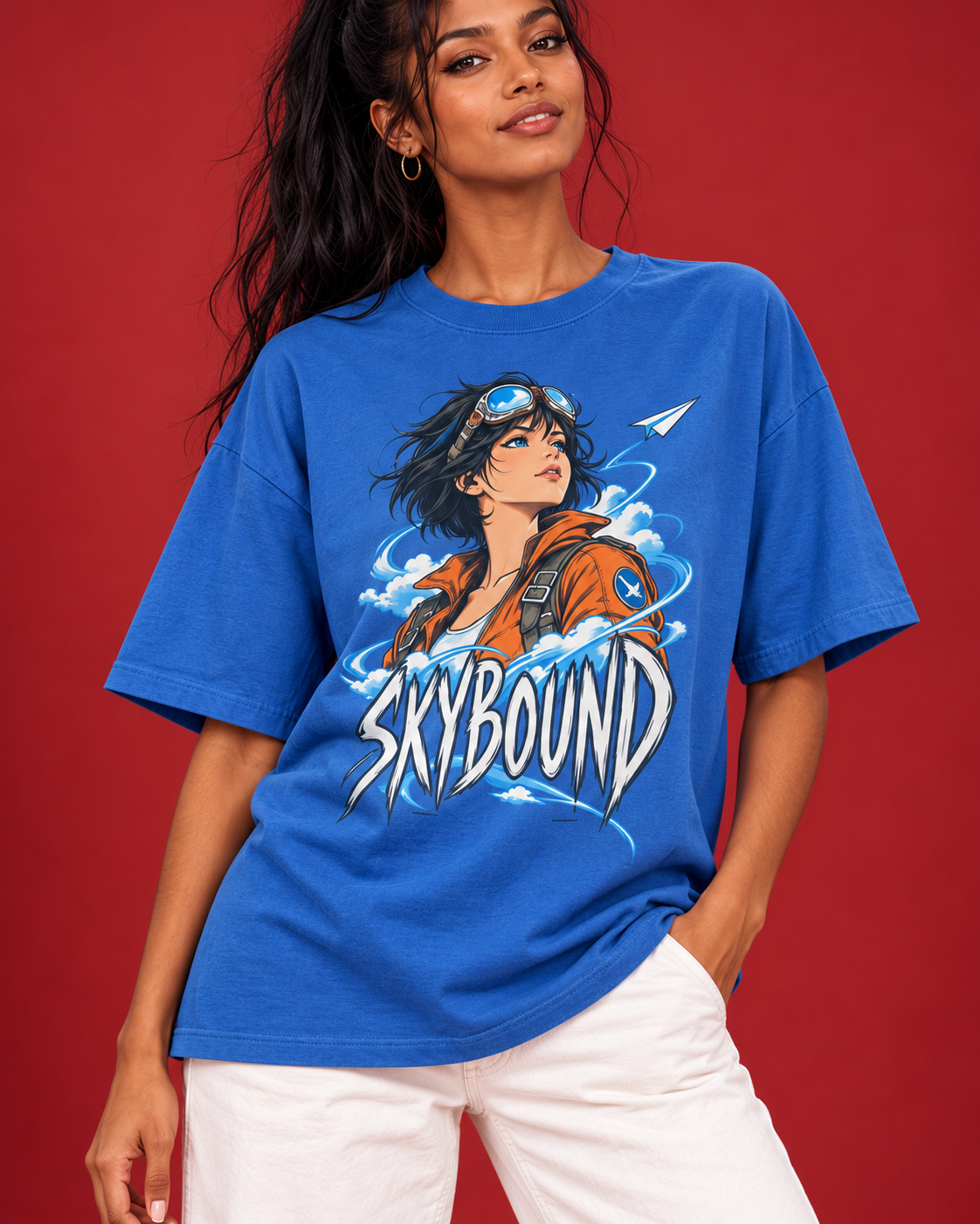 SKYBOUND anime graphic on blue cotton close-up