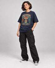 SNACK SUPERVISOR WOMEN'S OVERSIZED T-SHIRT in Navy – three-quarter pose