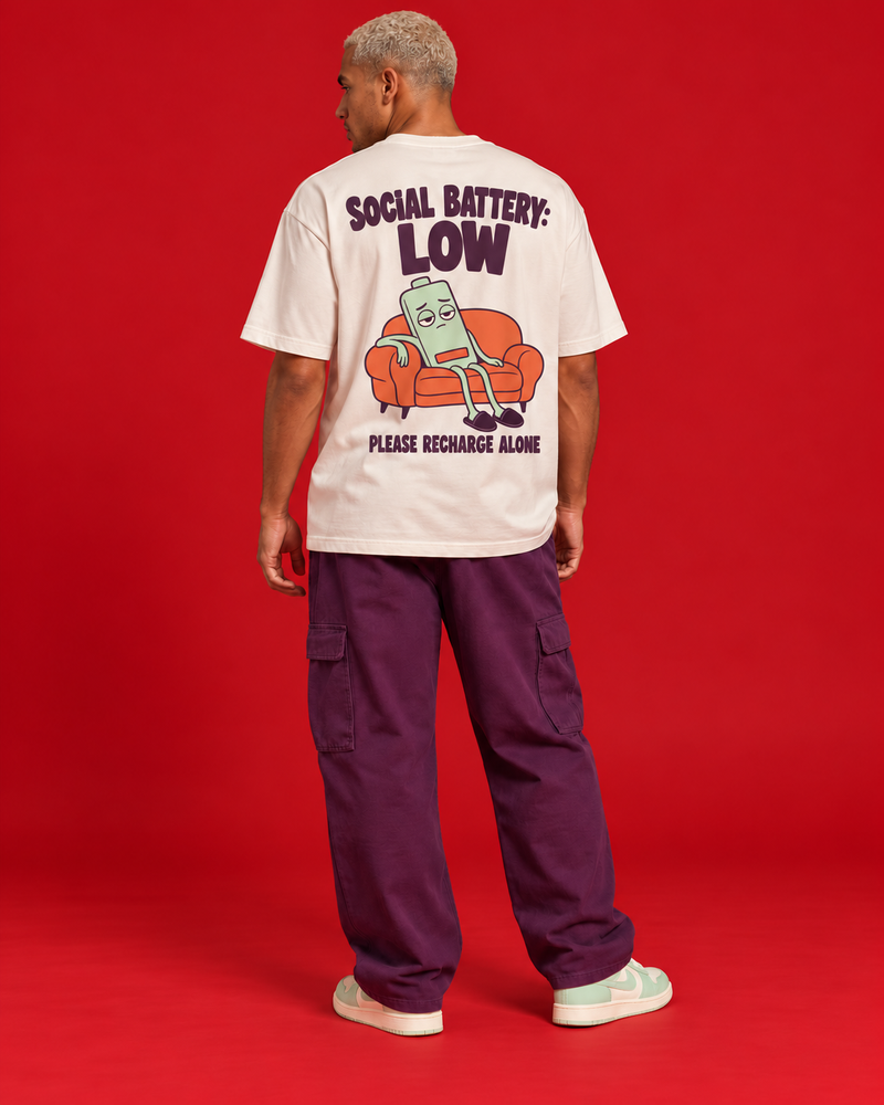 SOCIAL BATTERY: LOW — OFF-WHITE OVERSIZED T-SHIRT