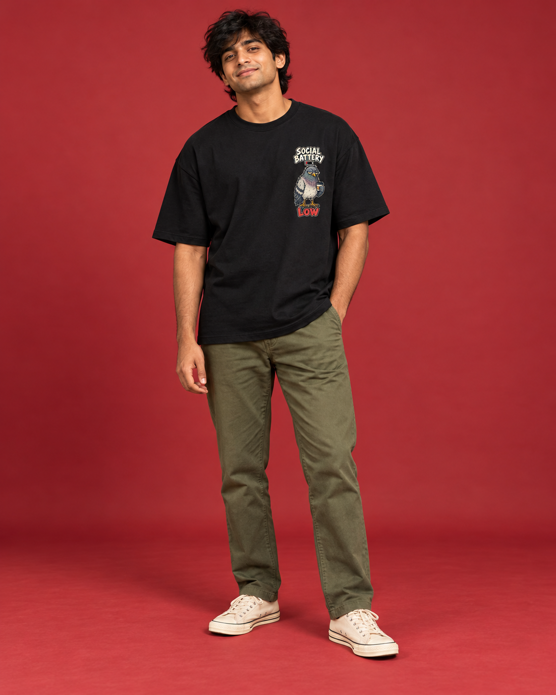 SOCIAL BATTERY LOW black tee small left chest front