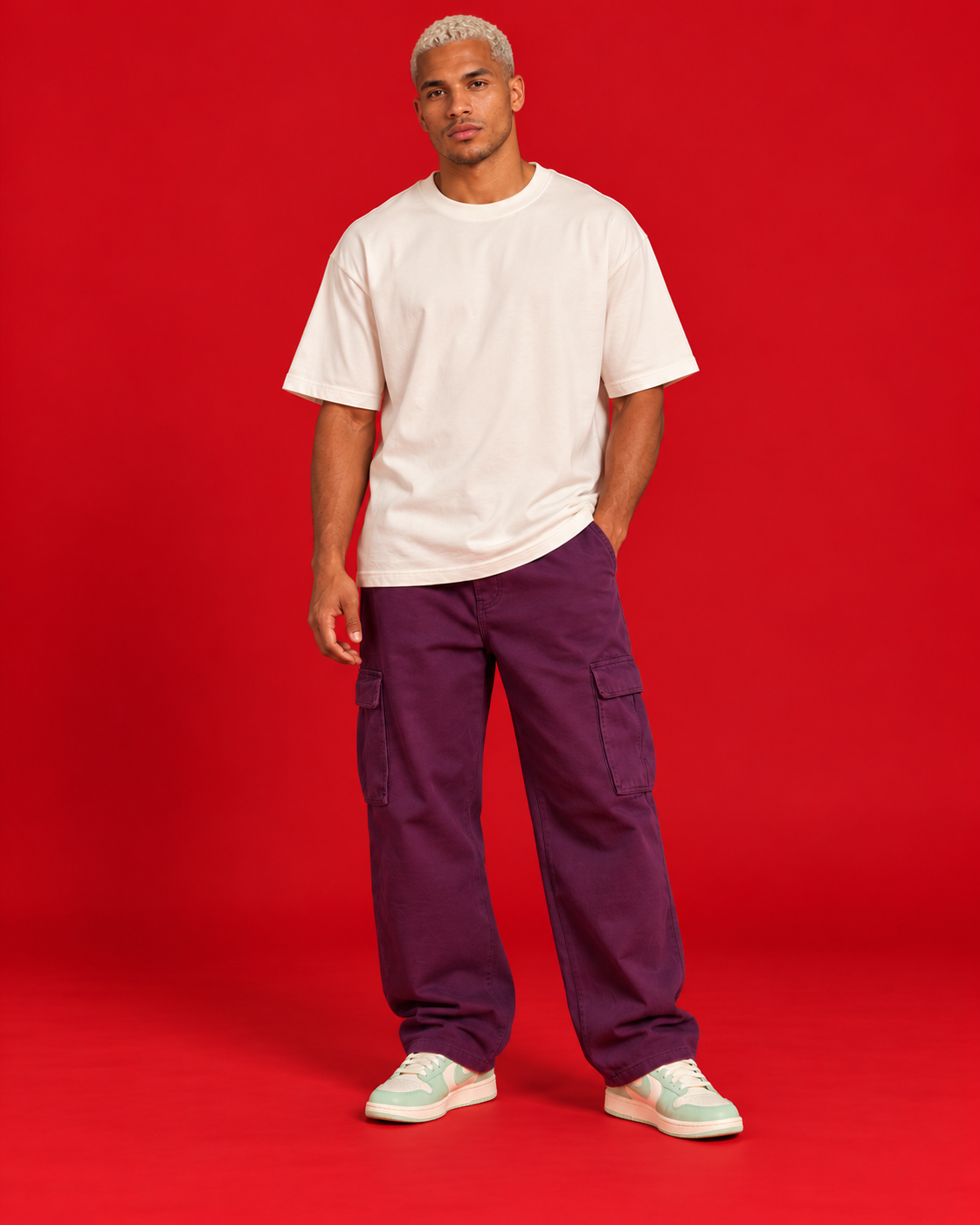 Social Battery Low off-white oversized T-shirt plain front view red studio
