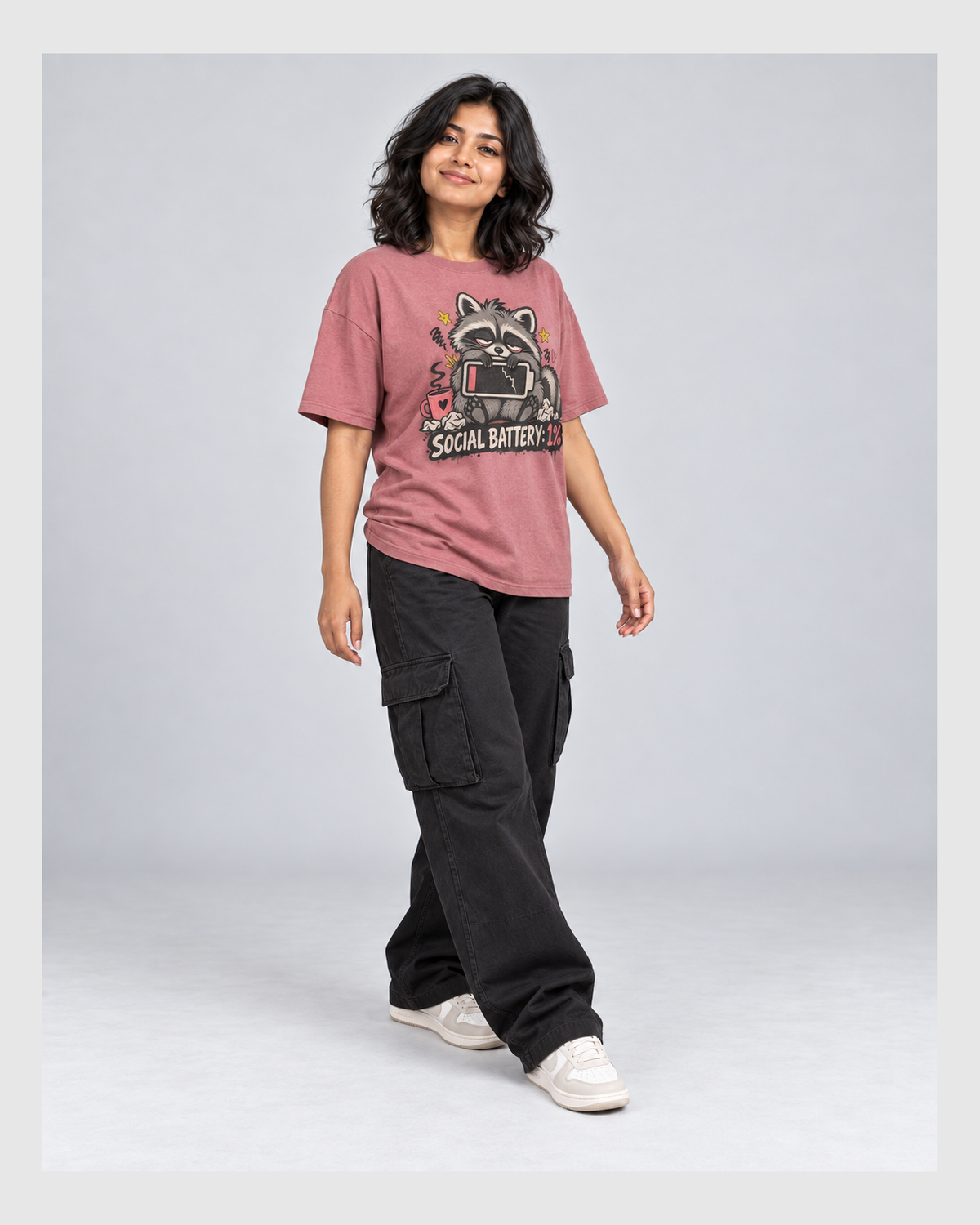 SOCIAL BATTERY 1% OVERSIZED T-SHIRT three-quarter pose