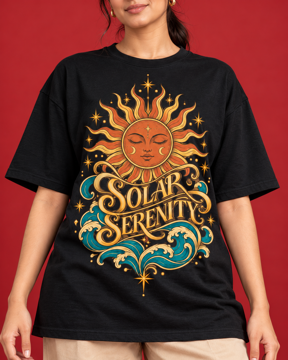 SOLAR SERENITY women's black oversized tee print close-up