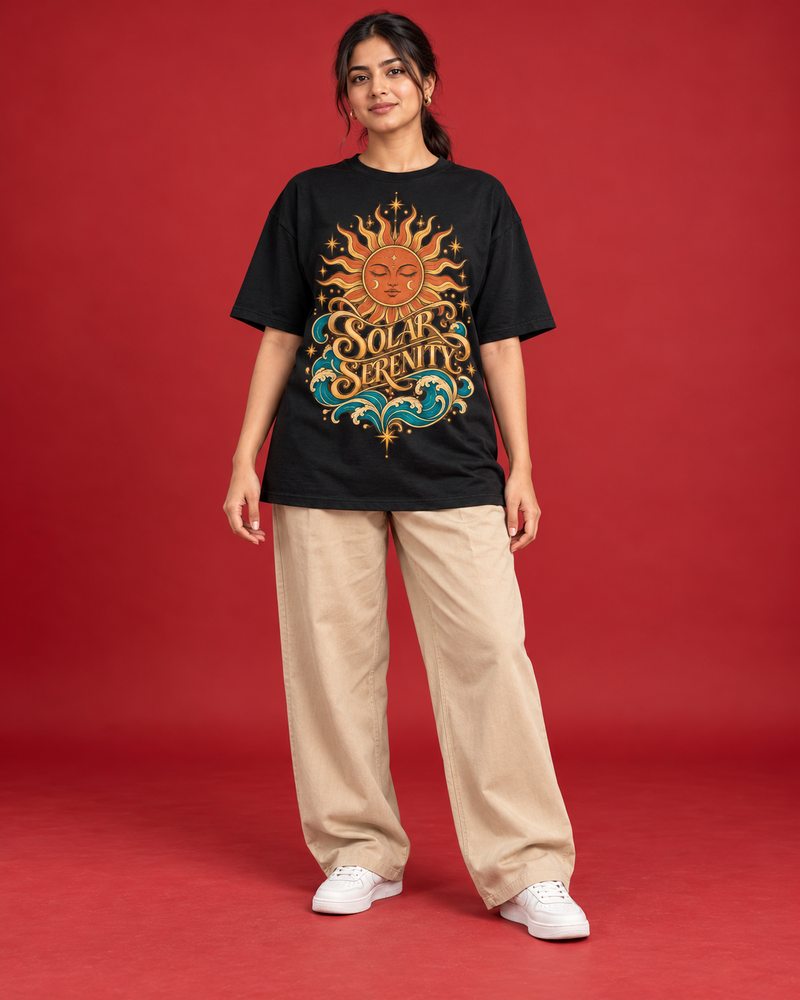 SOLAR SERENITY — WOMEN'S BLACK OVERSIZED T-SHIRT